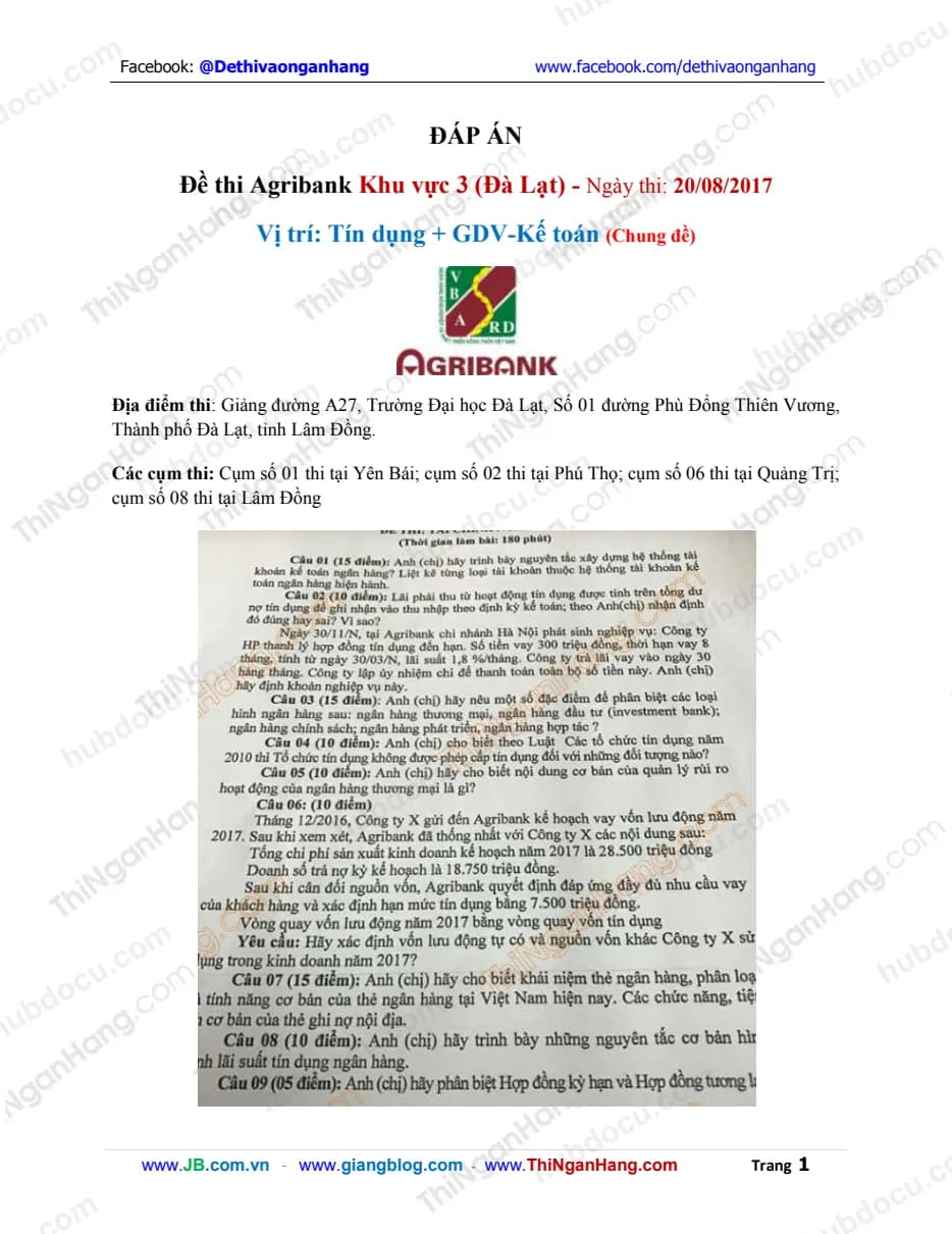 Đáp án đề thi Agribank KV 3 - Đà Lạt - Tín dụng - Kế toán (20-8-2017)