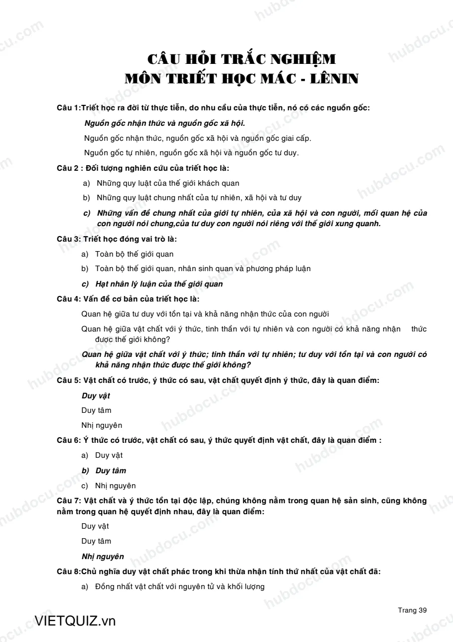 141 câu trắc nghiệm Triết học Mác-Lênin