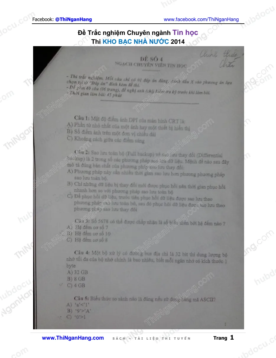 (Ảnh chụp) Đề trắc nghiệm chuyên ngành TIN HỌC - Thi Kho Bạc Nhà Nước 2014