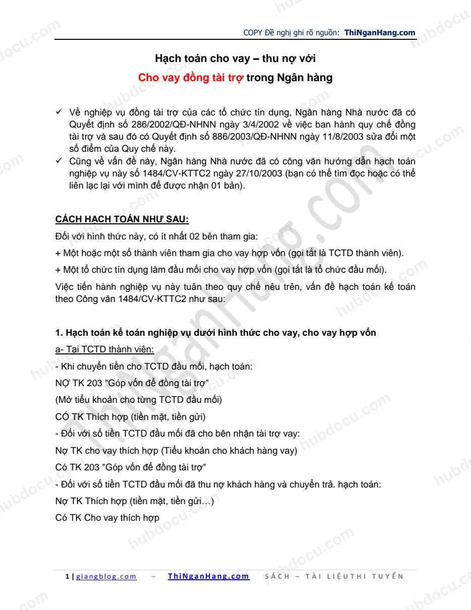 Hạch toán cho vay - thu nợ Cho vay đồng tài trợ trong Ngân hàng