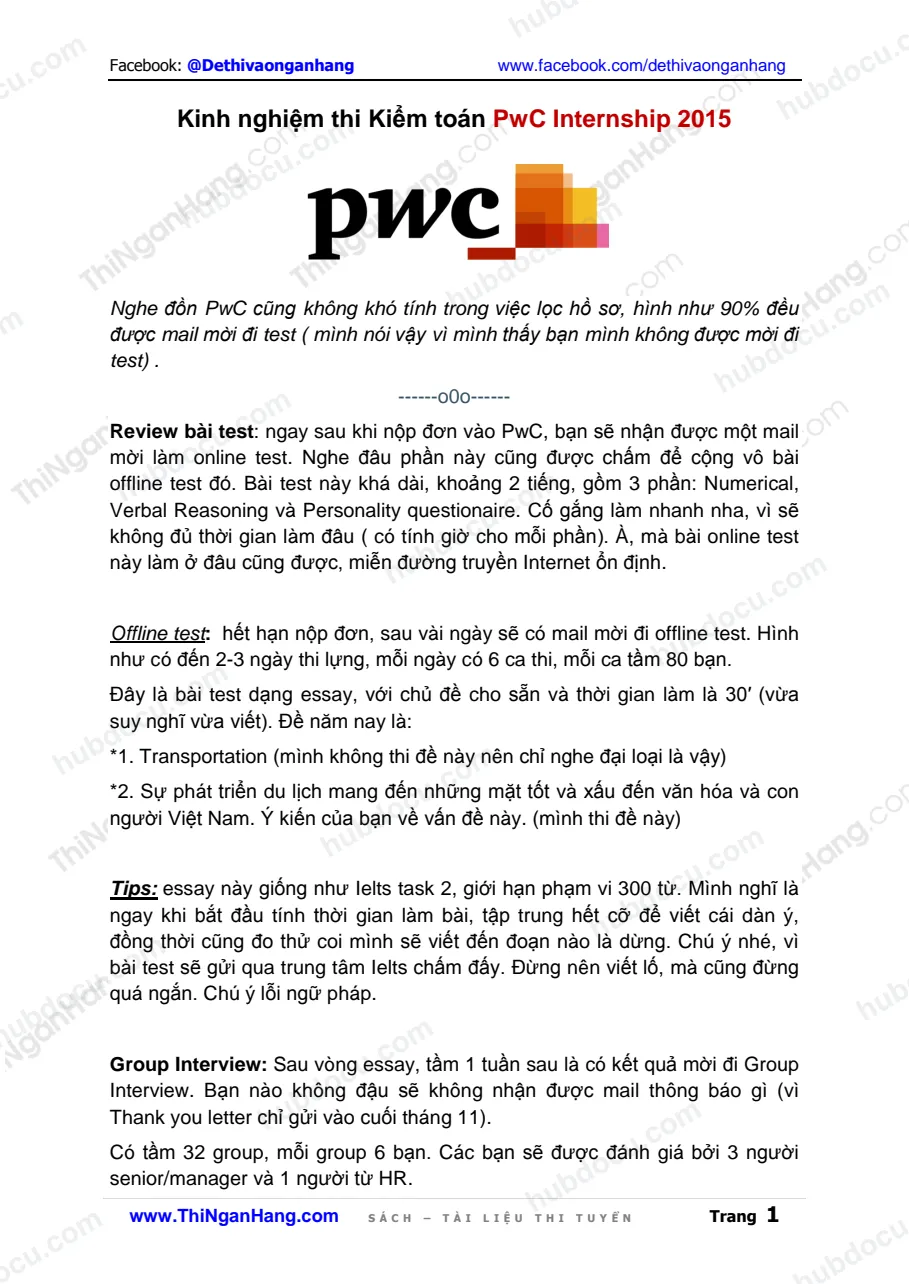 Kinh nghiệm thi Kiểm toán PwC Internship 2015