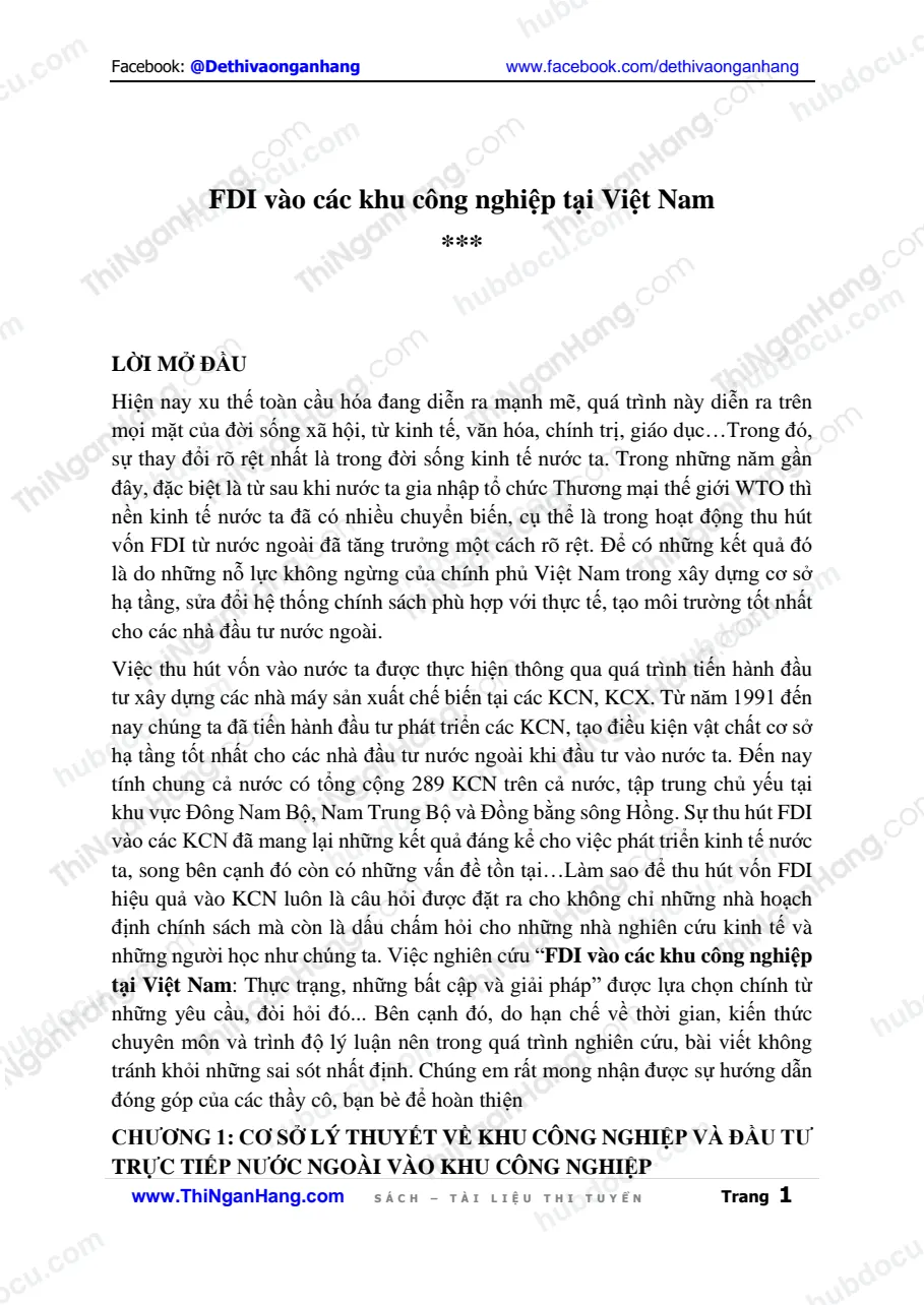 Tiểu luận. FDI vào các khu công nghiệp ở Việt Nam