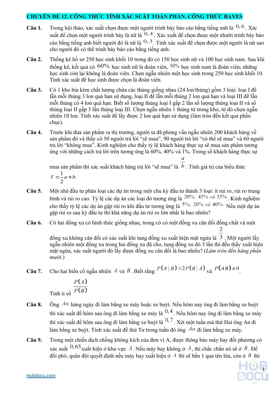 Toán thực tế 12 - Chuyên đề 12. Công thức Bayes (Bài tập)