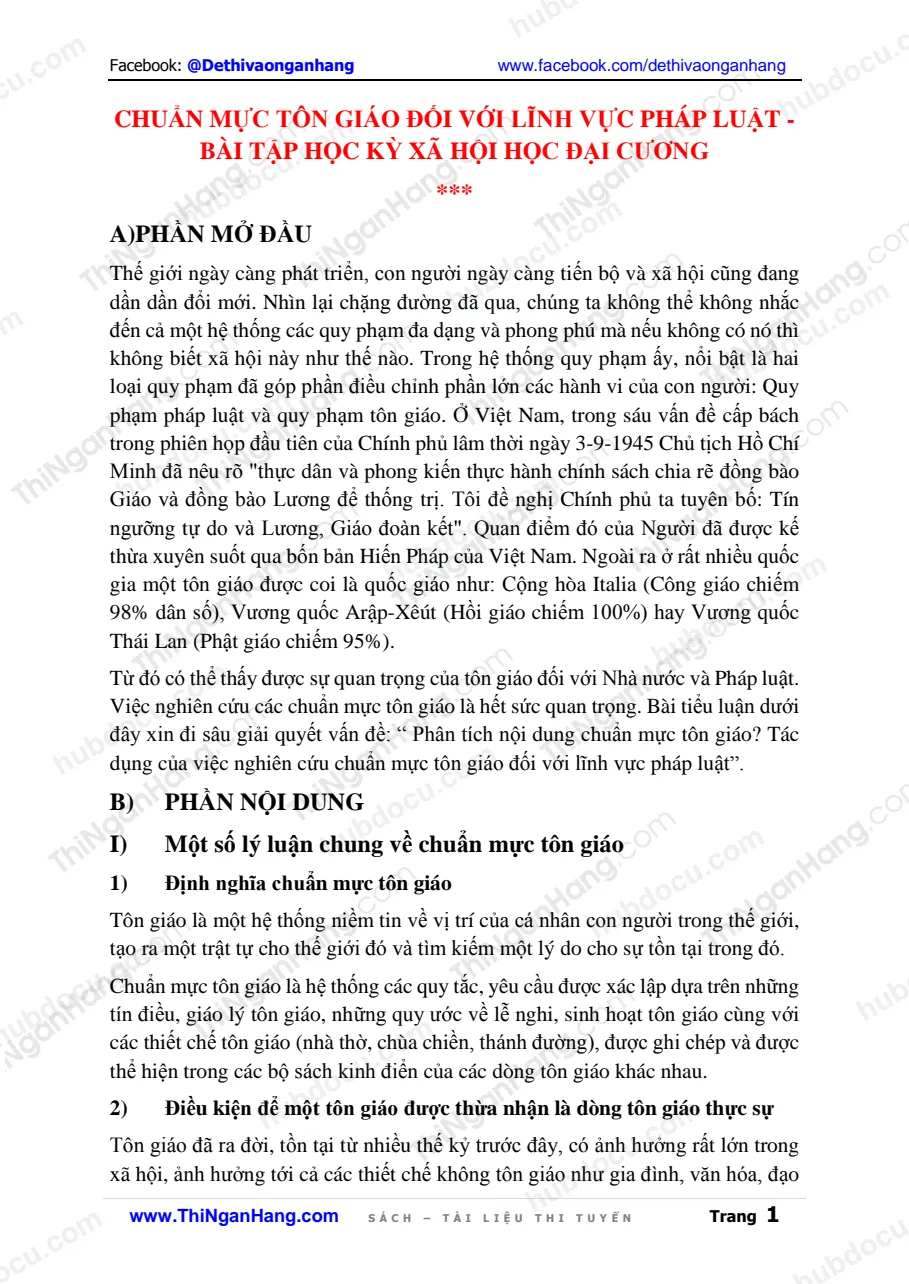 Chuẩn mực tôn giáo đối với lĩnh vực pháp luật - Bài tập học kỳ Xã hội học đại cương