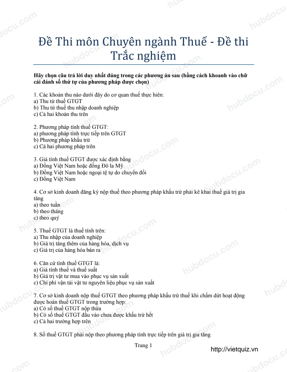 Đề thi Công chức Thuế năm 2010 - môn Kiến thức chung
