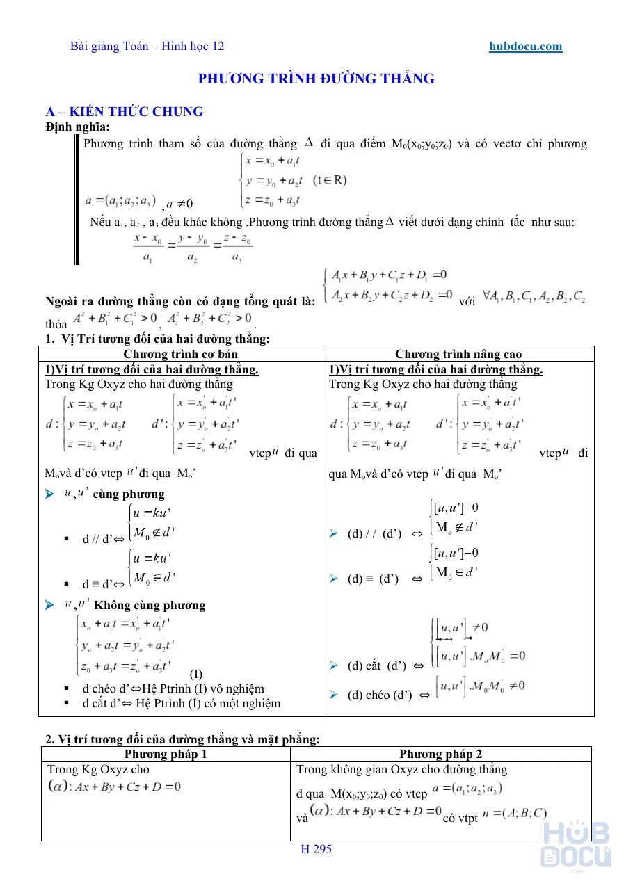 Bài giảng Hình học 12 - Phương trình đường thẳng trong không gian (P3)