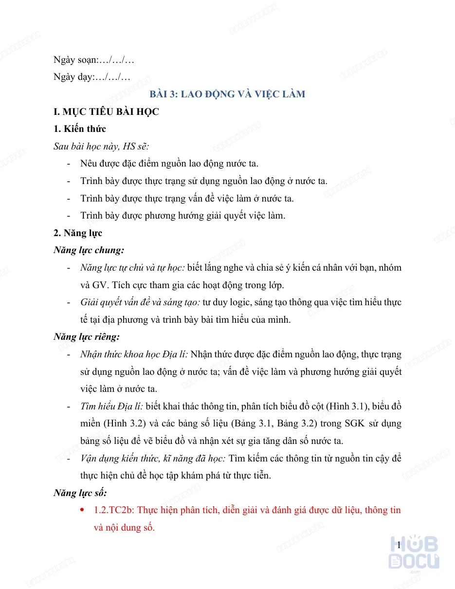 Giáo án Năng lực số (Địa lý 9) - Bài 3.Lao động và việc làm