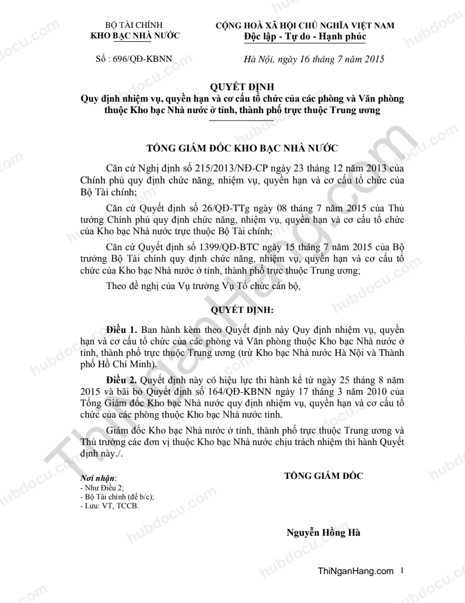 QĐ 696 ngày 16-7-2015. Nhiệm vụ, quyền hạn, cơ cấu tổ chức của Phòng và Văn phòng Kho bạc Nhà nước tỉnh, thành phố