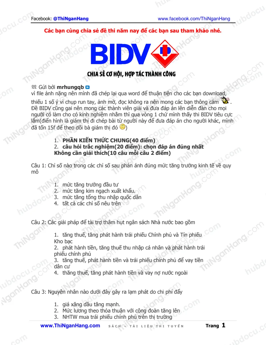 Tổng hợp đề thi Tín dụng + Kế toán BIDV qua các năm