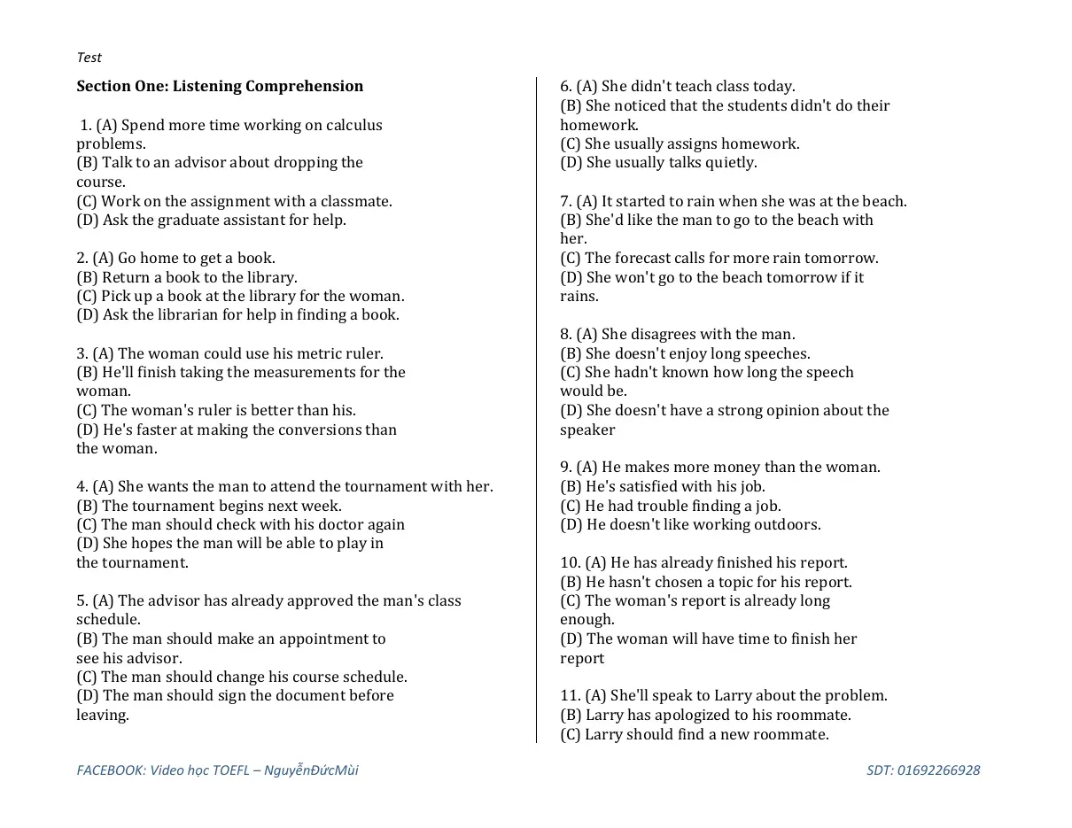 Test (Section One: Listening Comprehension) - Nguyễn Đức Mùi