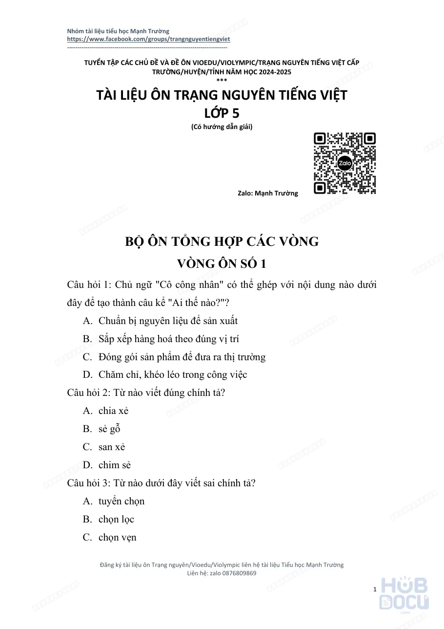 Ôn Trạng nguyên Tiếng Việt (Lớp 5) (Đề + Đáp án đính kèm)