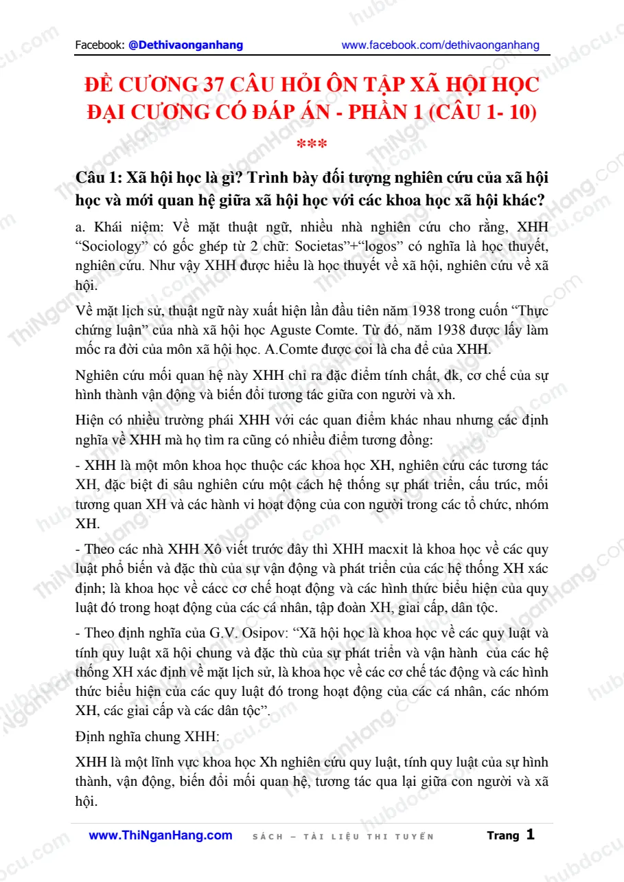 Đề cương 37 câu hỏi ôn tập Xã hội học đại cương có đáp án - Phần 1 (Câu 1- 10)