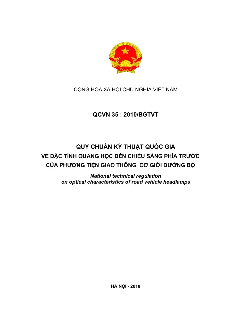 QCVN 35: 2010/BGTVT - Quy chuẩn kỹ thuật quốc gia về đặc tính quang học đèn chiếu sáng phía trước của phương tiện giao thông cơ giới