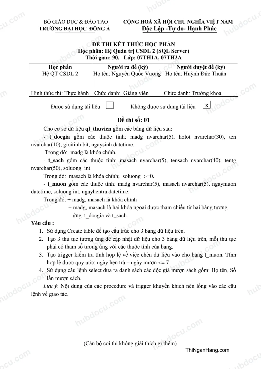 Đề thi môn Hệ Quản trị Cơ sở dữ liệu 2 - ĐH Đông Á