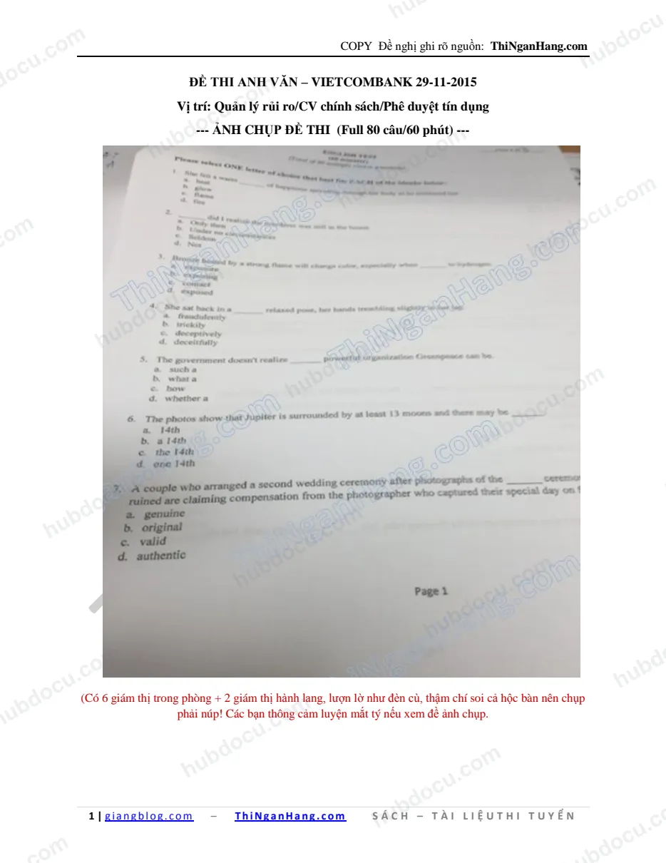 Đề thi Anh Văn Vietcombank (VCB) - Vị trí Quản lý RR-Phê duyệt TD-CV Chính sách (29-11-2015)