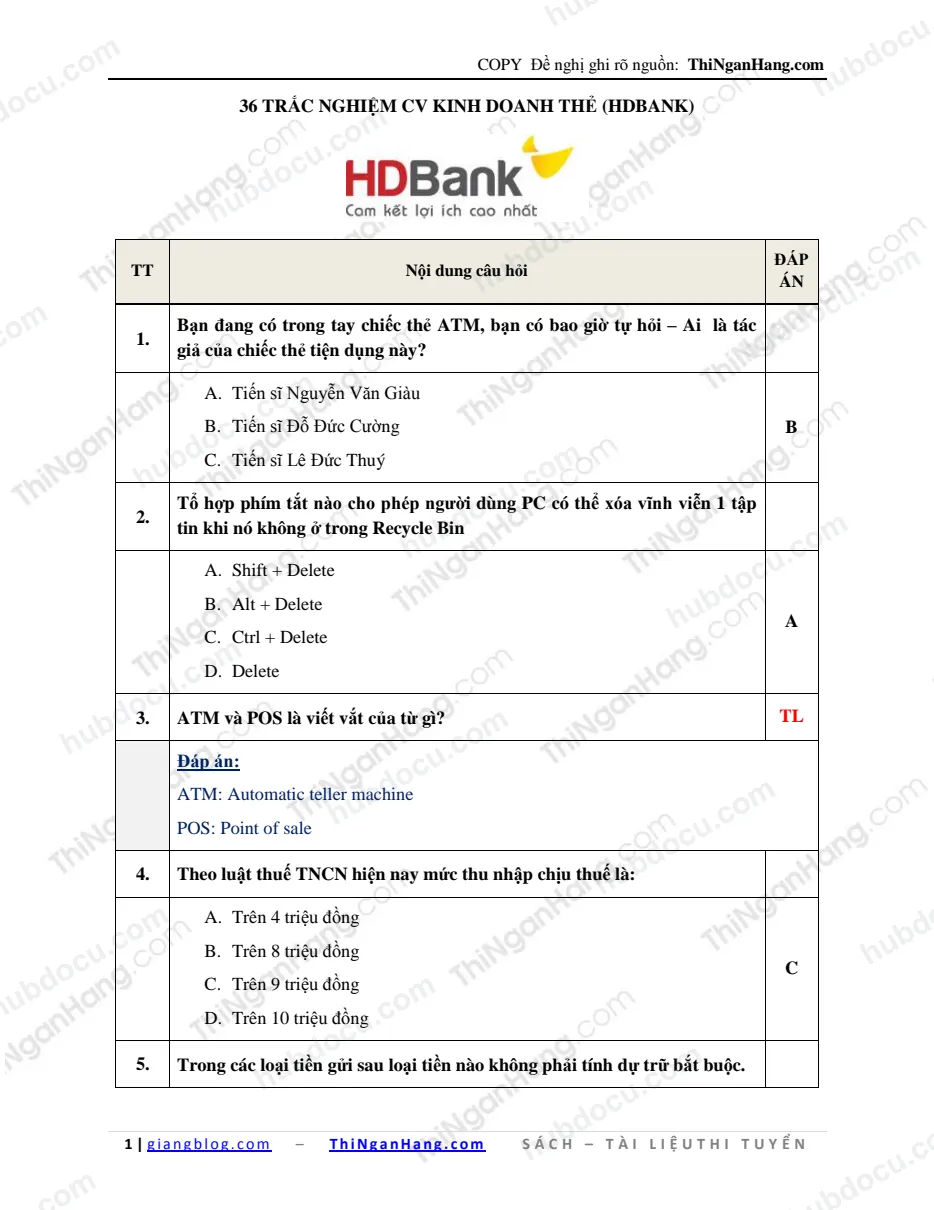 36 câu trắc nghiệm CV Kinh doanh thẻ HDBank (Kèm Đáp án)