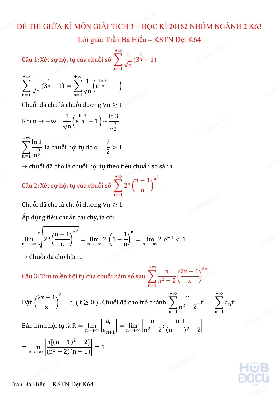 Đề thi Giữa kỳ Giải tích 3 (HUST) 20182 nhóm 2