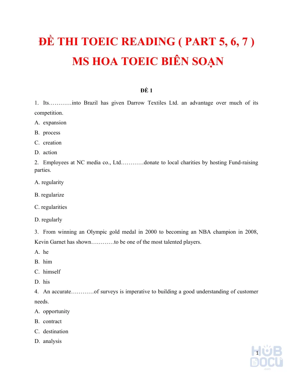 Đề Toeic Reading từ MS Hoa Toeic