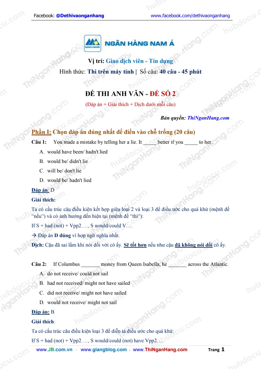 Giải đề thi Anh Văn Nam Á Bank (NamABank) - Đề 2 - Full 40 câu