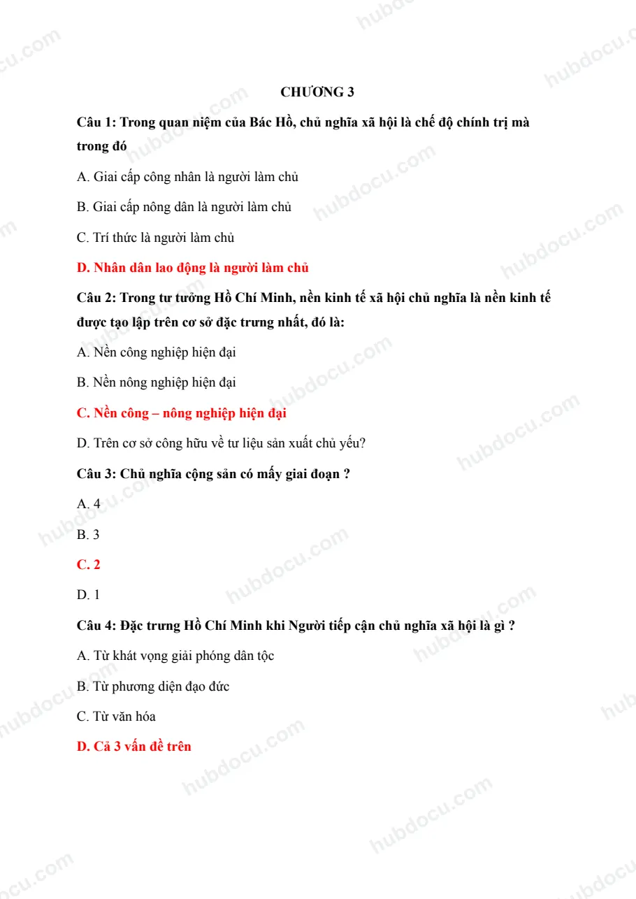 Trắc nghiệm chương 3, chương 4 Tư tưởng Hồ Chí Minh