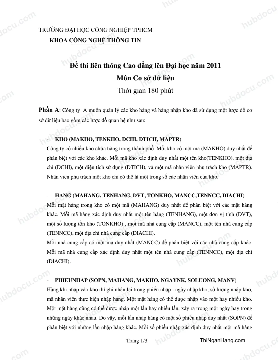 Đề thi liên thông Cao đẳng - Môn Cơ sở dữ liệu - ĐH Công nghệ TP.HCM (2011)