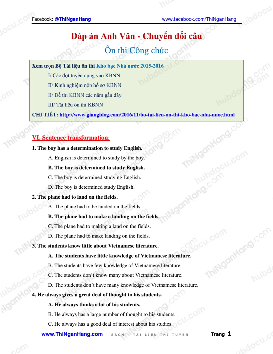 Đáp án Anh văn - Chuyển đổi câu (Sentence Transformation) - Ôn thi Công chức