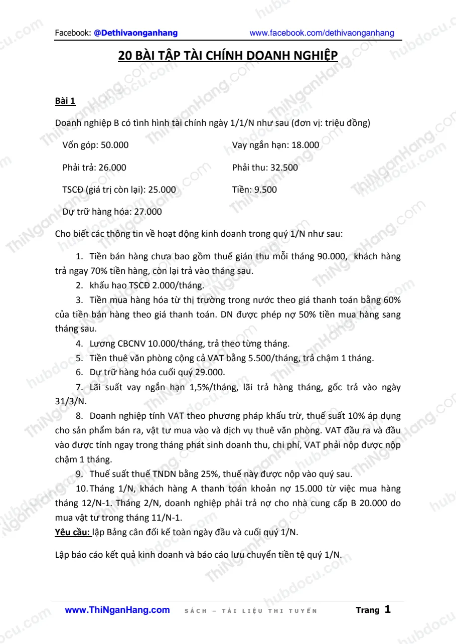 20 bài tập mẫu Tài chính doanh nghiệp