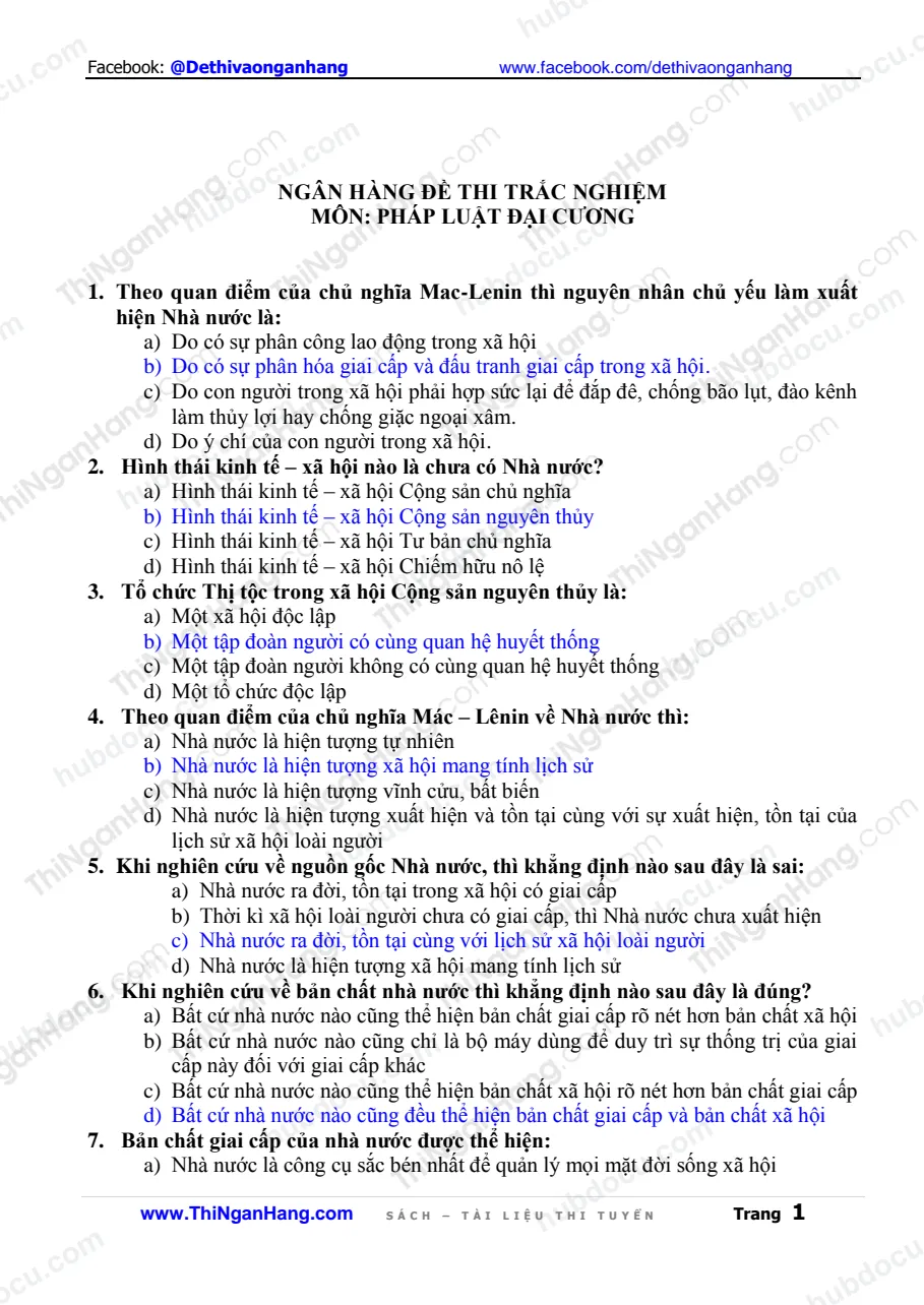 224 câu trắc nghiệm ôn thi Pháp luật đại cương (có đáp án)