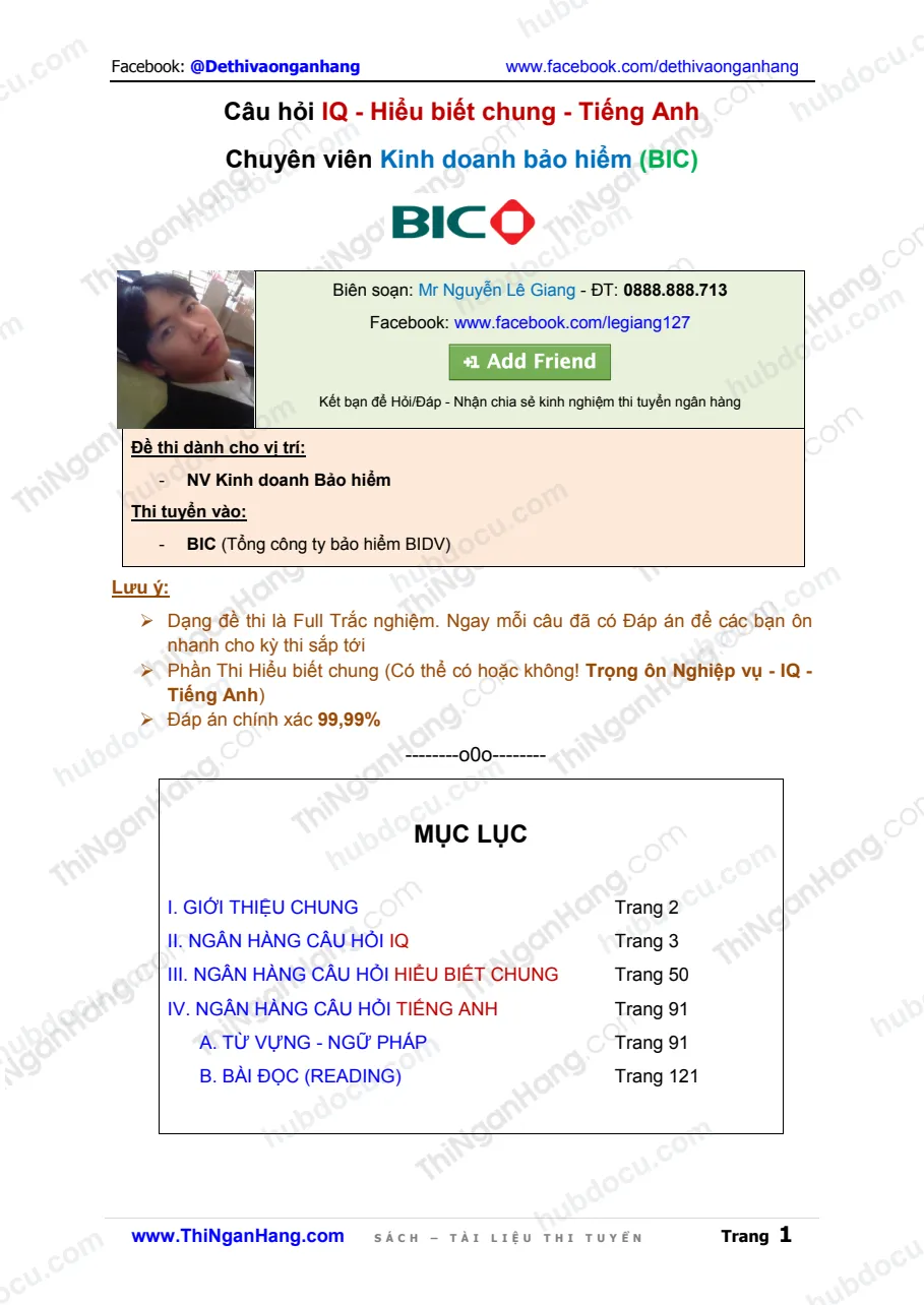Đáp án câu hỏi Tiếng Anh + IQ vị trí NV kinh doanh bảo hiểm (BIC) - BIDV Insurance Corp