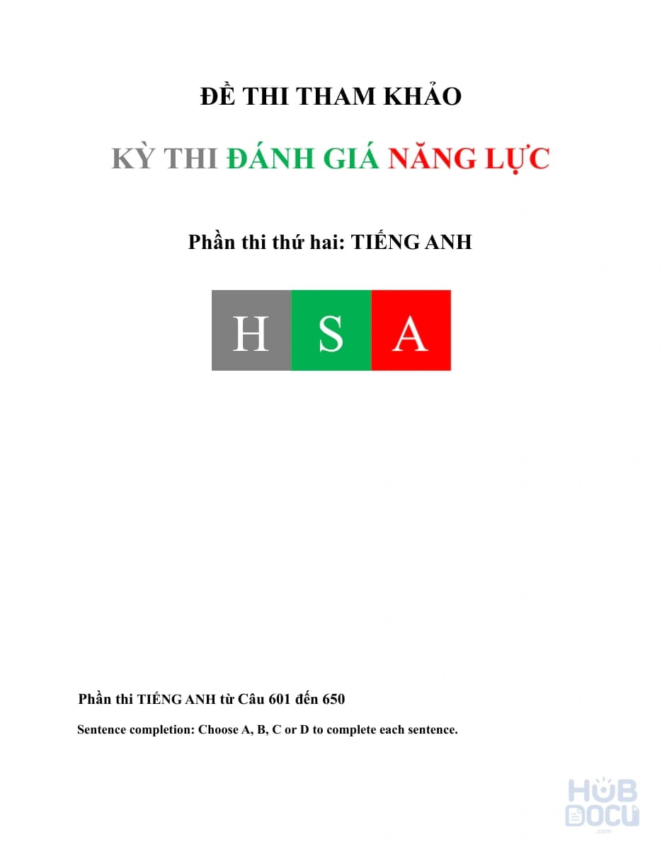 Đánh giá năng lực (HSA) Đợt 2.Đề 11 - Tiếng anh (HS)