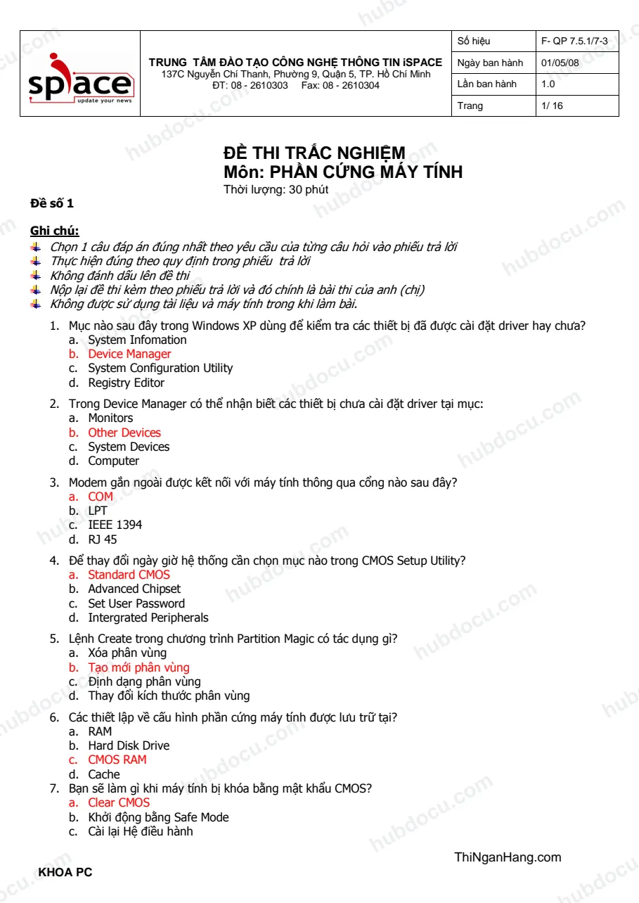 120 câu trắc nghiệm Phần cứng máy tính (kèm Đáp án)