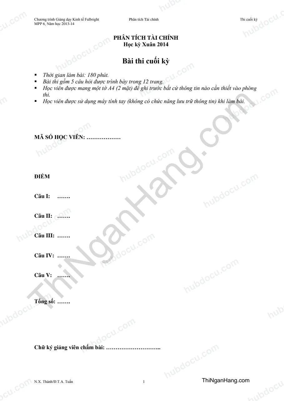 Bài thi cuối kỳ môn Phân tích tài chính năm 2014 (kèm Đáp án) - Fullbright