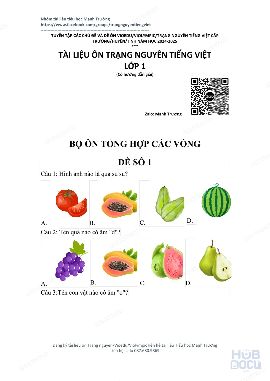 Ôn Trạng nguyên Tiếng Việt (Lớp 1) (Đề bài + Đáp án đính kèm)