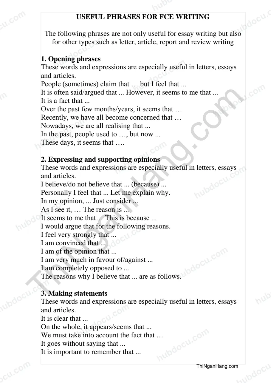 Những cấu trúc cần thiết cho bài viết trong tiếng anh (Useful phrases for FCE writing)