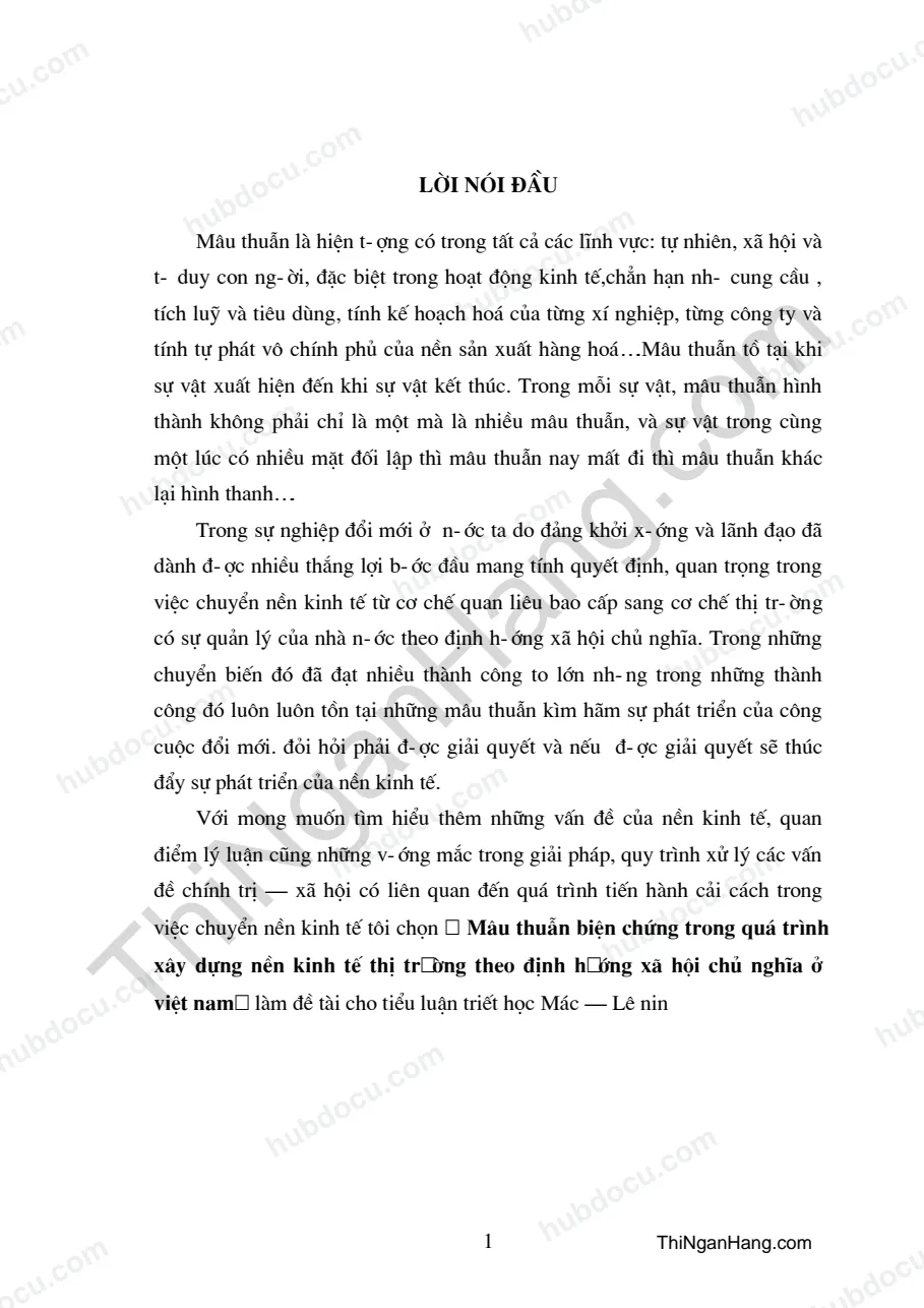 Tiểu luận - Mâu thuẫn biện chứng trong quá trình xây dựng nền Kinh tế thị trường theo định hướng XHCN ở Việt Nam