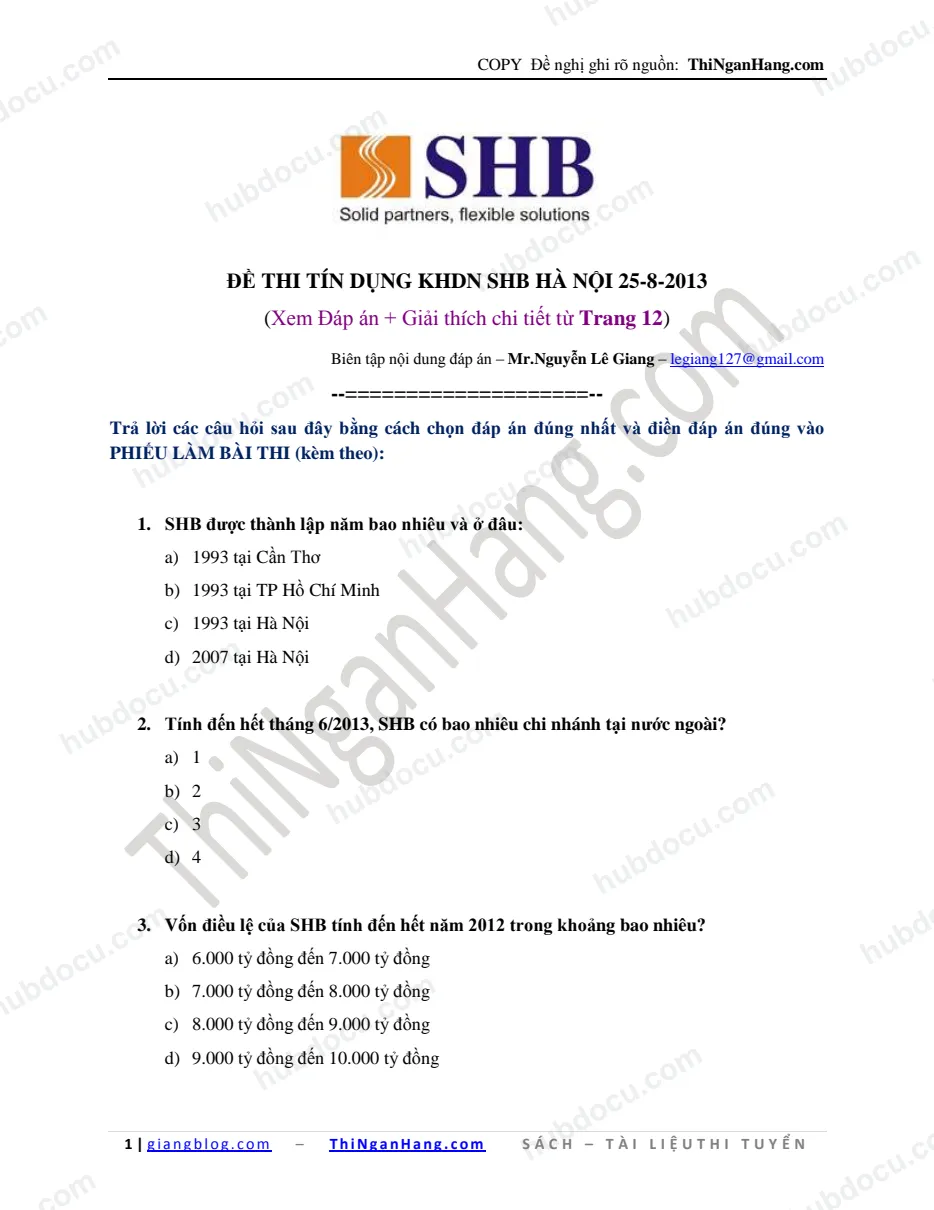Full đề tín dụng KHDN vào SHB (25-8-2013) (Có đáp án)