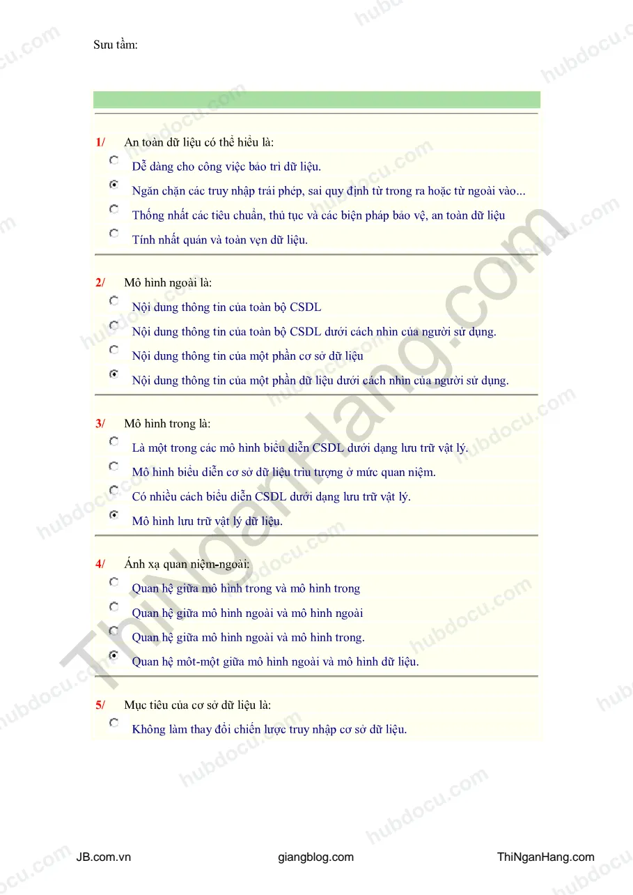 60 câu trắc nghiệm Cơ sở dữ liệu (CSDL) - Có Đáp án