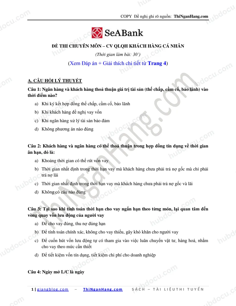 Đề thi CV Quản lý QHKH cá nhân Seabank Hà Nội 2013 (Có đáp án)