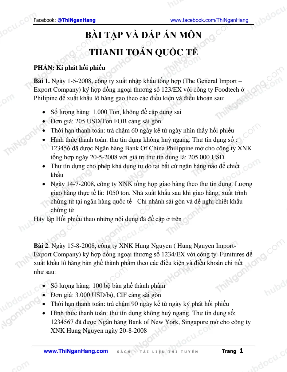 Bài tập môn Thanh toán quốc tế (kèm lời giải)