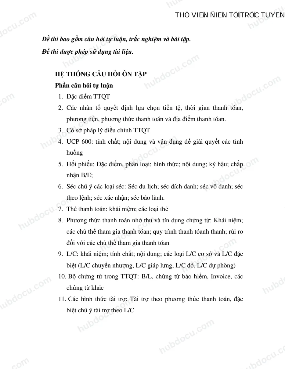 Câu hỏi ôn tập Thanh toán quốc tế