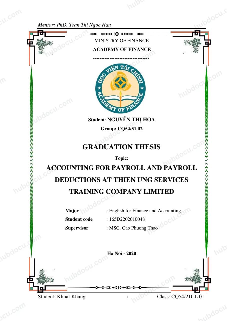 Luận văn tốt nghiệp kế toán (full tiếng Anh) - Accounting for payroll and payroll deductions at Thien Ung Service training company limited