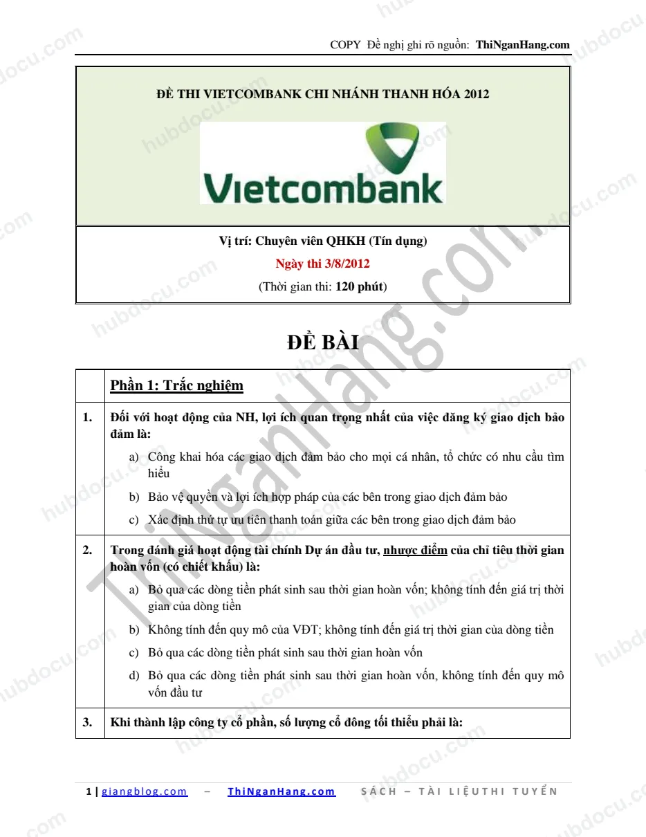 Giải đề Tín dụng Vietcombank (VCB) CN Thanh Hoá (3-8-2012)