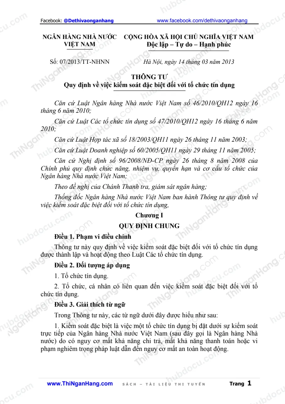 TT 07.2013 - Quy định về việc kiểm soát đặc biệt đối với tổ chức tín dụng