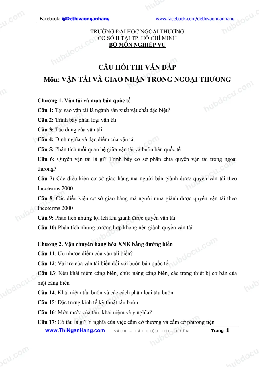 97 câu hỏi thi vấn đáp môn Vận tải và giao nhận trong ngoại thương