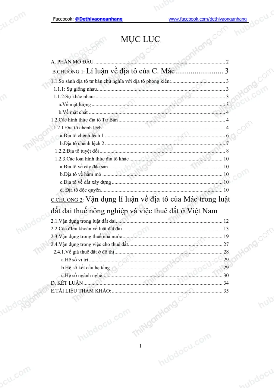 Tiểu luận: Lí luận về địa tô của Các Mác và sự vận dụng vào Chính sách đất đai Việt Nam