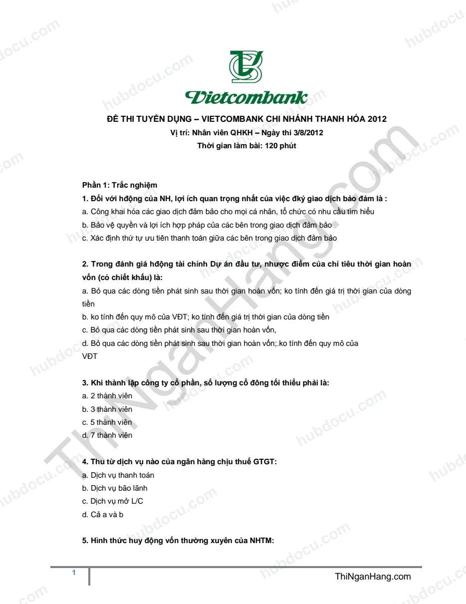 Đề thi CV QHKH Vietcombank (VCB) Thanh Hoá (3-8-2012)