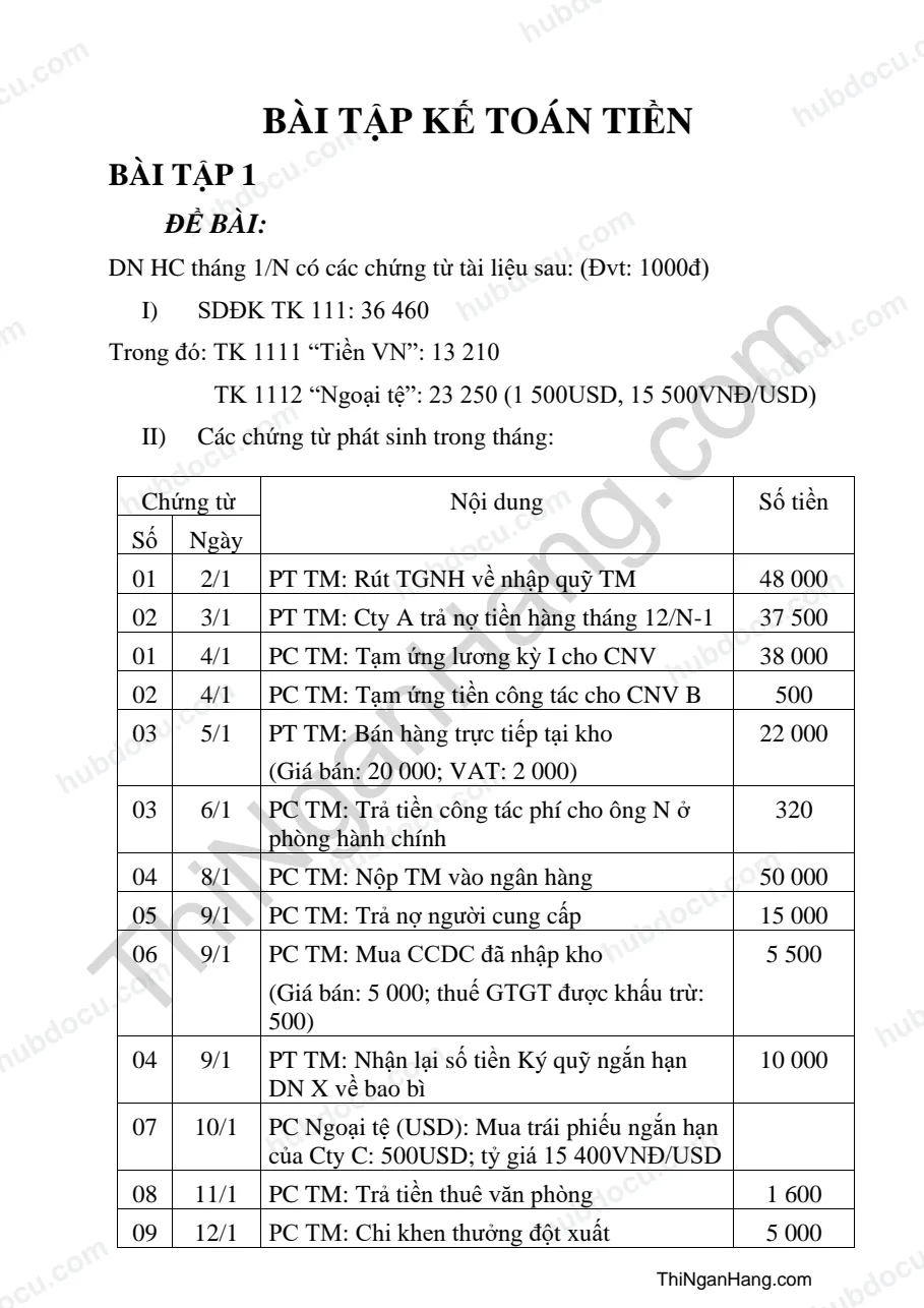 Bài tập định khoản Kế toán tiền mặt (bài 1 kèm giải)