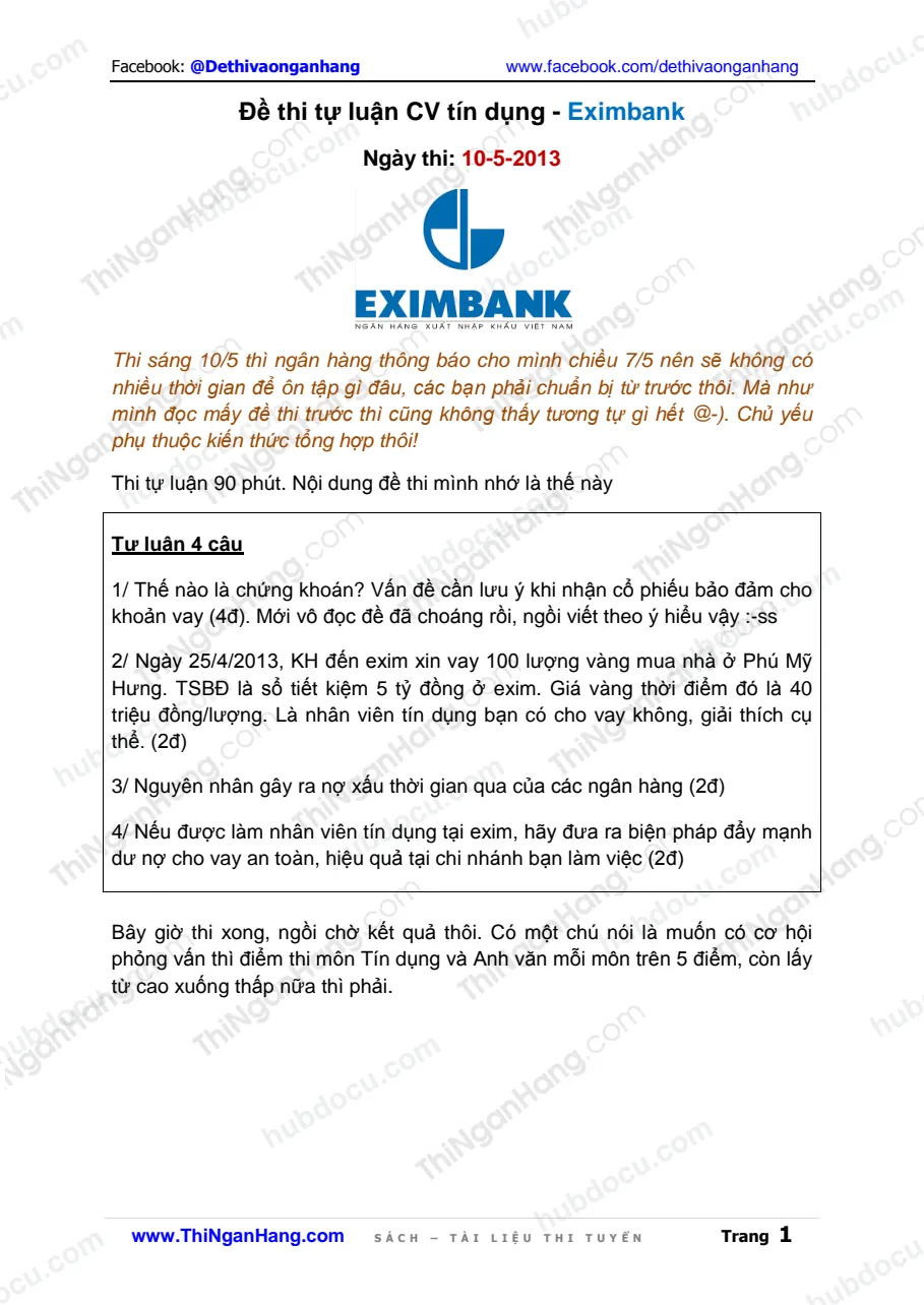 Đề thi Tự luận Tín dụng Eximbank Đà Lạt (10-5-2013)