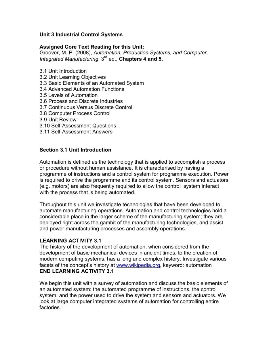 Industrial Control Systems (Unit 3) (Hệ thống điều khiển công nghiệp) (Có đáp án)