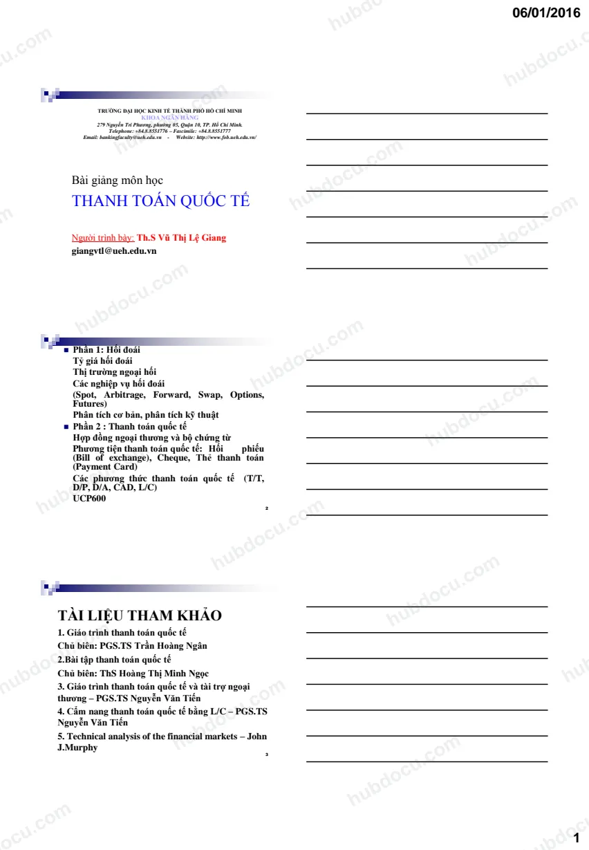 Bài giảng môn Thanh toán quốc tế - Ths Vũ Thị Lệ Giang